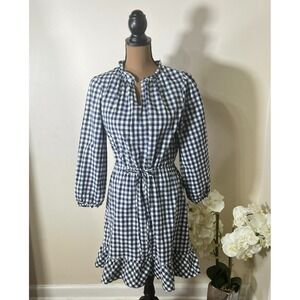 Draper James Size M Navy Gingham Ruffle Hem Dress‎ Preppy Academia Old Money